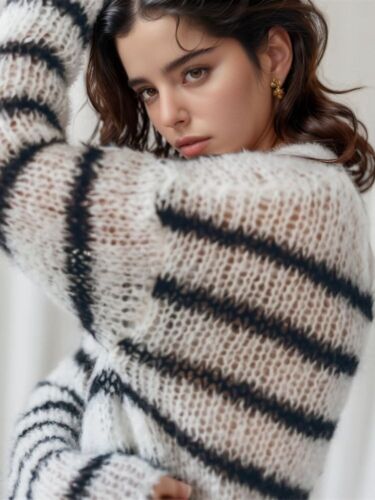 Gestreifter Pullover U-Boot Ausschnitt Drop Shoulder Langarm weich dünn Strickpullover - Bild 3 von 9