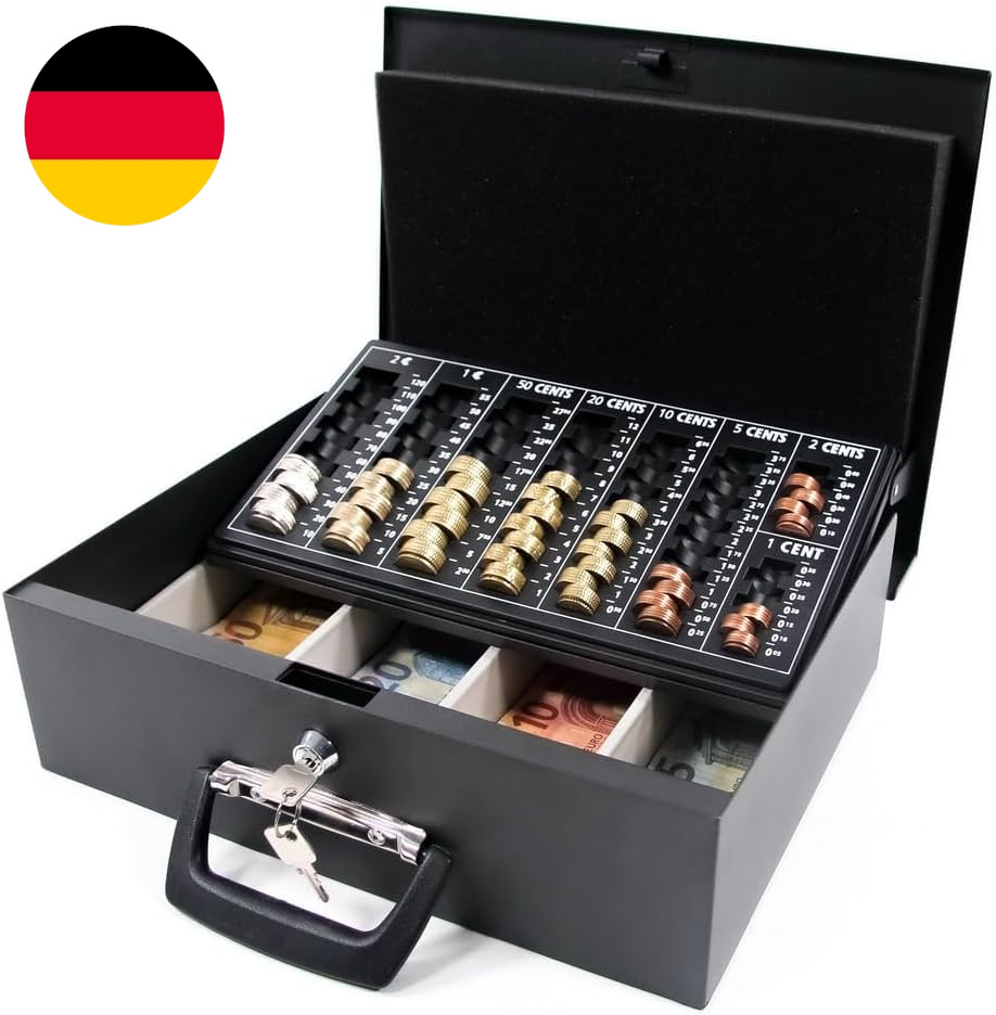 Hjh OFFICE Geldkassette Safe I Stahl 35,5 X 27,5 X 10,5 Cm, Euro-Münzbrett, Absc