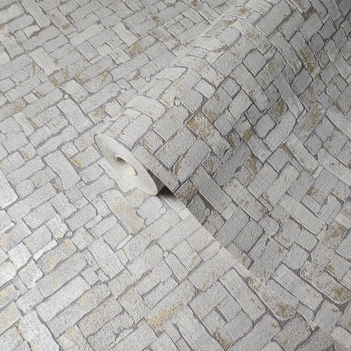 Contemporary Gray gold metallic faux small stone tile modern textured wallpaper - Picture 10 of 11