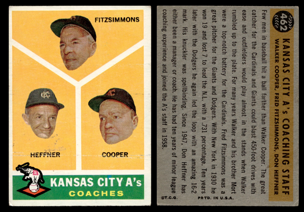 1960 Topps Coaches Fred Fitzsimmons Don Heffner Walker Cooper Kansas City A's