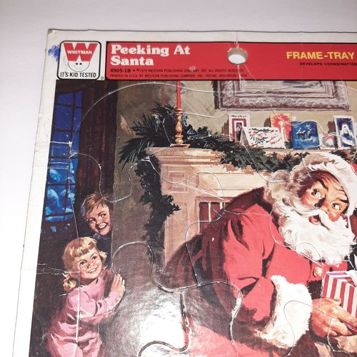 Vintage WHITMAN Christmas Puzzle Frame Tray 1979 Peeking at Santa Toy Sack - Picture 2 of 4