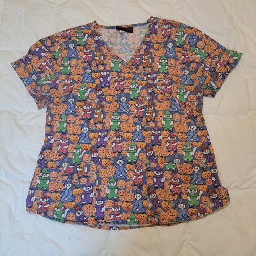 Halloween Cat Witches Pumpkins Melrose By May-Hill Uniforms Scrubs Womens Size L