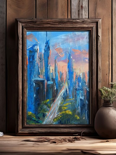 Futuristic New York City 7x9.5" Oil Painting – Hyper-Stylized NYC Skyline - Picture 2 of 4