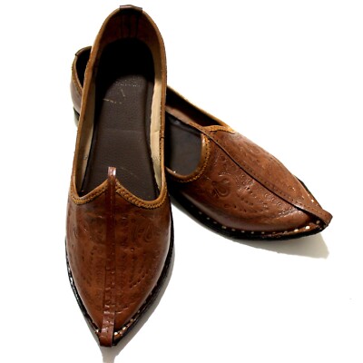 Men's Brown Leather Handmade Mojari Jutti Nagra Shoes Traditional Punjabi