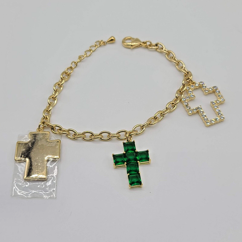 Gold Cable Link Bracelet w Shiny Gold, Green & Clear Crystal Cross Charms - Picture 5 of 5