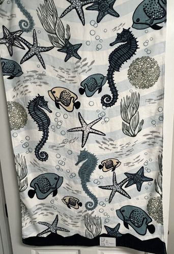 KASSAFINA Seaworld Starfish Seahorse Fish Blue 2-pc Bath and Hand Towel NWT - Picture 3 of 5