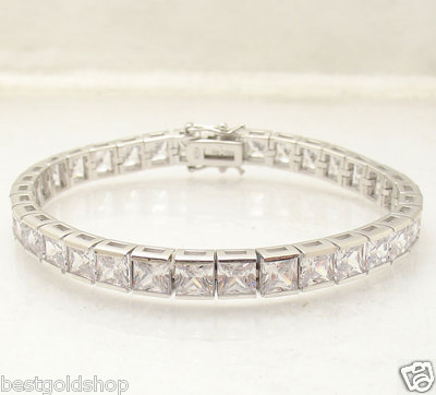 Vintage Sparkling White Crystals CZ Flowers Floral Design Tennis Chain Bracelet 925 Sterling Silver BR 852L