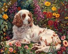 Clumber Spaniel painting by a blooming garden 8x10 Print