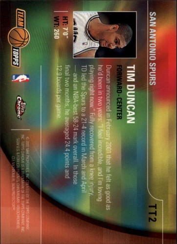 2001-02 Topps Chrome Team Topps #TT2 Tim Duncan - casi nuevo-como nuevo - Imagen 2 de 2