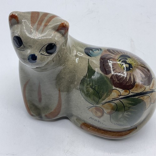 Vintage Cat Tonala Hand Painted Mexican Pottery Folk Art Decor Figurine - Picture 5 of 7