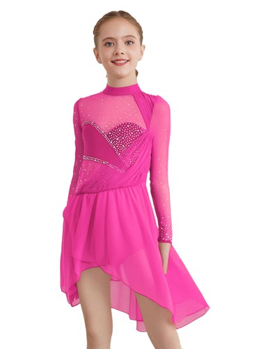Kids Girls Skating Dress Glittery Ballet Sparkling Dancewear Keyhole Back Mesh - Bild 76 von 83