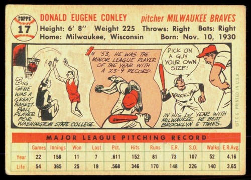 1956 Poor - Crease Gene Conley Milwaukee Braves #17 - Picture 2 of 2