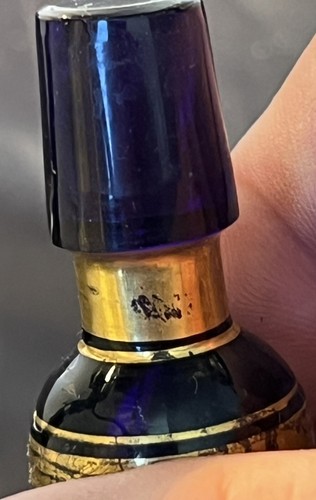 ANTIQUE COBALT BLUE BOHEMIAN GLASS DECANTER WITH GOLD FLORAL OVERLAY AND STOPPER - Picture 16 of 18