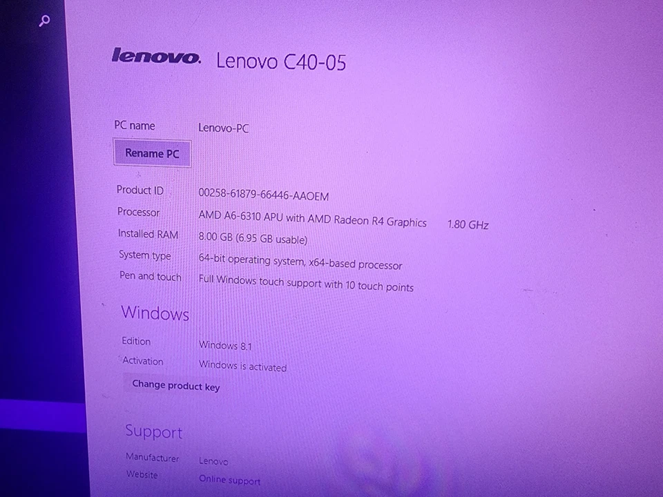 Lenovo C40-05 21.5" Todo en Uno A6-6310 1TB 8GB Wi-Fi Cámara Web 1080p Pantalla Táctil Foto 2 de 4