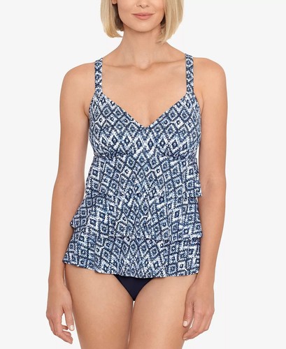 Swim Solutions TILE ISLAND NAVY Triple-Tier Fauxkini One-Piece Swimsuit, US 8 - 第 1/4 張圖片