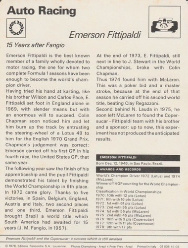 Tarjeta Emerson Fittipaldi Copersucar 1978 Fórmula 1 Sportscaster - Imagen 2 de 2