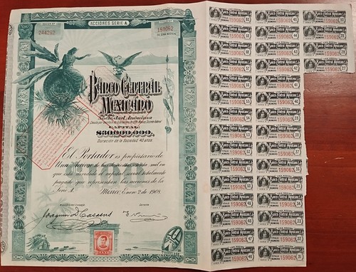 Mexico 1908 Banco Central Mexicano Blueberry $ 100 Pesos Coupons Bond Loan Share