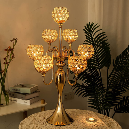 Gold Candelabra with Crystal for Table Top Centerpiece, 7 Arms 27.1 Inch Tall Ch - Picture 2 of 8