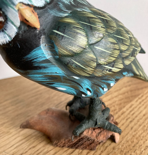 Handcrafted Hand Painted Carved Wooden Owl Sculpture Bird on Wood Base 5.5" Tall - Picture 18 of 24