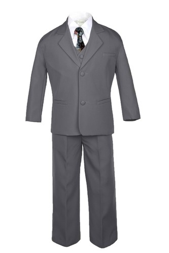 Baby Boy Kid Dark Gray Wedding Formal Party Tuxedo Suit+A Free Pattern Tie S-20 - Picture 8 of 26