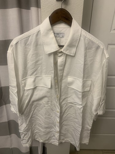 BERSHKA Men’s Oversized White Cream Ivory Pocket Button Street Shirt 40 Large L