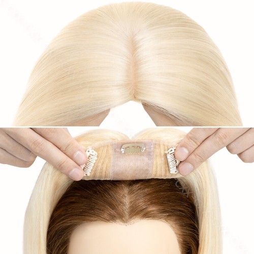 Women Topper Hairpiece Clip In REAL Human Hair Silk Base Toupee Top Highlight US - Picture 41 of 72