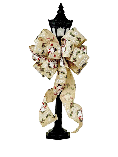 10” WIDE SNOWMAN MERRY CHRISTMAS BOW-FOR DECORATION, GIFT, WREATH, LANTERN - Picture 2 of 2