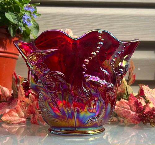 VERY RARE Fenton**RUBY RED CARNIVAL ATLANTIS KOI FISH WHIMSY FAN VASE**1980'S - Picture 4 of 17