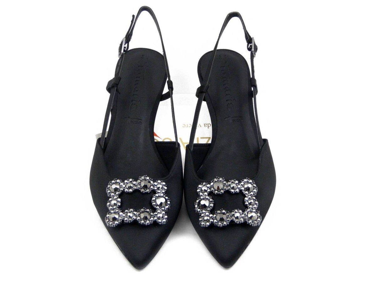 Scarpe Donna Eleganti Sling Back Gioiello Raso Nero Tacco Medio 6