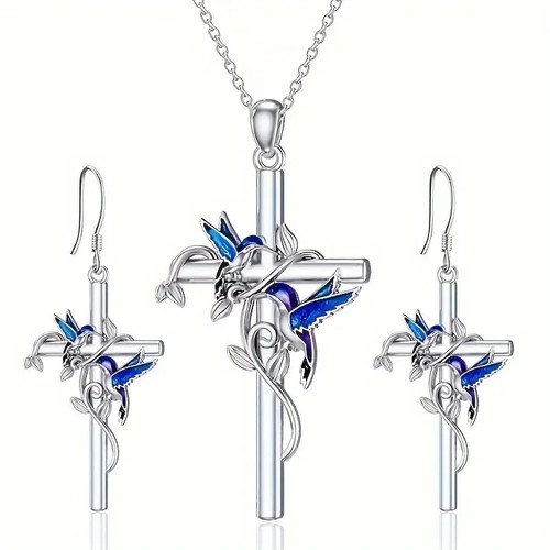 Set of 3 Fashion Silvery Cross Blue Hummingbird Pendant Necklace Earrings Women - Picture 2 of 10