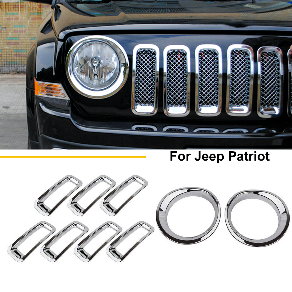 Chrome Headlight Covers + Grille Insert Trims For Jeep Patriot 11-16 Accessories