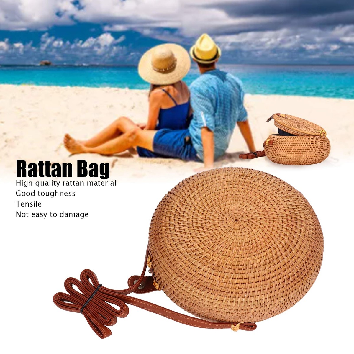 Oval Natural Color Rattan Hand Made Bag Round Stylish Women Handwoven Shoulde SD