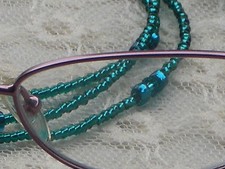 Hand Beaded Eyeglass Chain Silver Lined Teal Crystal Accents 28" Buy 3 SHIP FREE