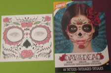 1 Sheet - Halloween FACE Tattoos DAY of the DEAD RED Red ROSEs - Sugar SKULL 6 