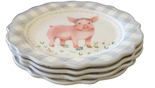 Four (4) Pioneer Woman ~ Gray & White Gingham w/Pig Pattern ~ 8.7" Salad Plates - Picture 3 of 6