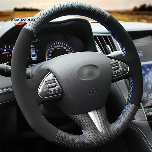Black Leather Suede Steering Wheel Cover for Infiniti Q50 QX50 2015-2017 #TCXI - Imagen 2 de 8