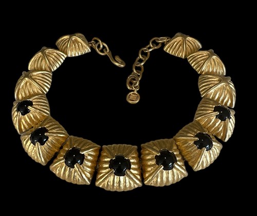 Givenchy Halskette vergoldet mit simuliertem schwarzem Onyx 80er Jahre Retro signiert  - Bild 1 von 11