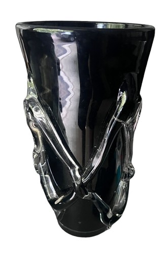 Vintage Black and Clear Glass Art Vase - Mid-Century Modern Decor 12 Inch - Picture 3 of 8