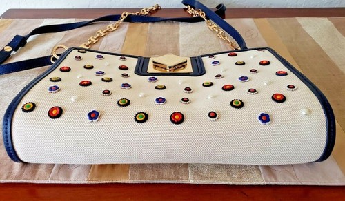 TORY BURCH MARGUERITE TURN-LOCK CLUTCH/SCHULTERTASCHE CANVAS NAVY/LEDER+STAUBTUCH - Bild 8 von 9