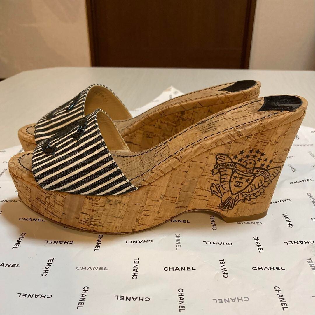 CHANEL COCO Stripe Wedge Sole Sandals Mules Shoes Women Size
