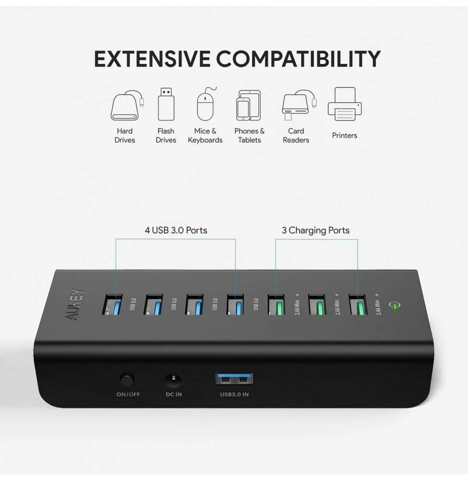 Aukey HUB Multipresa USB 3.0 36W 7 Porte Sdoppiatore USB Carica Rapida H19 - Immagine 3 di 4