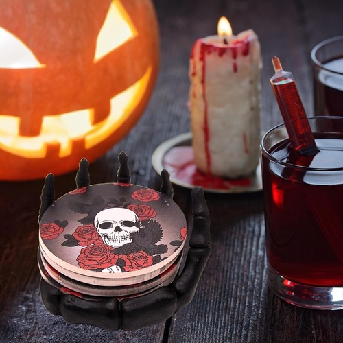 Skeleton Hand Coaster Holder with Skull and Rose Coasters, Set of 4 Coasters - Picture 2 of 4