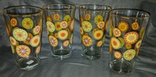 ? Libby ? Drinking Glasses w Graphics / Orange Red Yellow Flowers / Set of 4