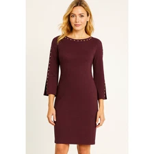 Calvin Klein Dress Womens Small Burgundy Studded Sweater Sheath 3/4 Bell Sleeve