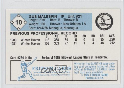 1982 Fritsch Midwest League Stars of Tomorrow Gus Malespin #264 - Picture 2 of 4