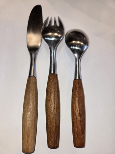 DANSK GERMANY MCM FJORD TEAK STAINLESS STEEL SALAD FORK DINNER KNIFE TEA SPOON - Picture 8 of 21