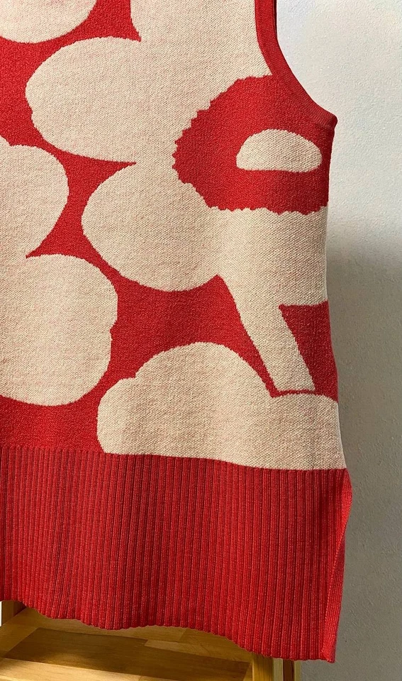 Marimekko Финляндия Tilma Unikko шерстяная смесь вязаный жилет красный белый цветочный дизайн - Изображение 3 из 4