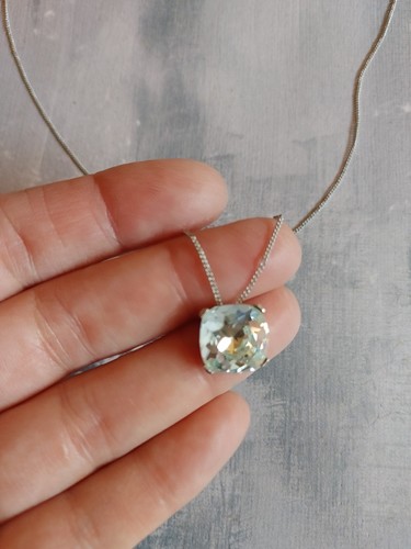 Vintage necklace chain silver tone metal clear crystal rhinestone pendant - Picture 4 of 6