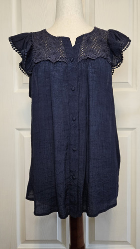 Nanette Lepore L Navy Blue Blouse Flutter Sleeve Button Down Spring Summer