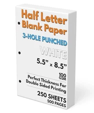 Half Letter Blank Paper, 3-Hole Punched, 250 Sheets/500 Pages, 100 GSM, Printer